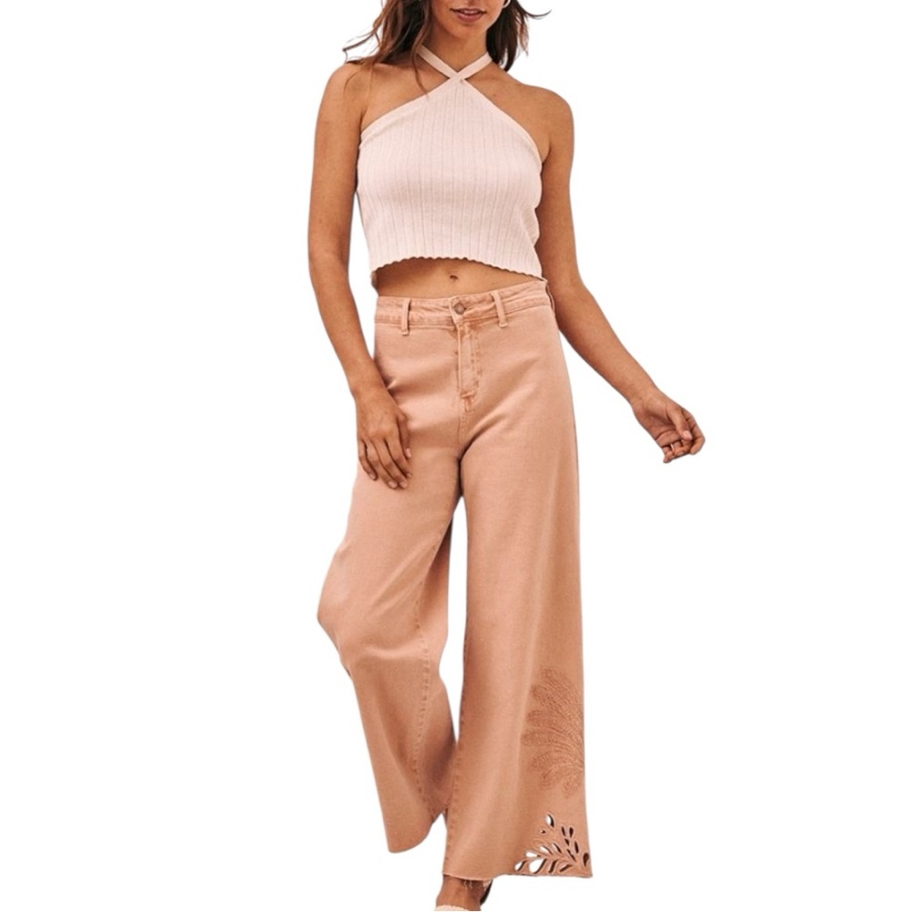 NKN Nekane Embroidered Wide Leg Jeans Peach Tan High Rise Crop Size 6 NWT